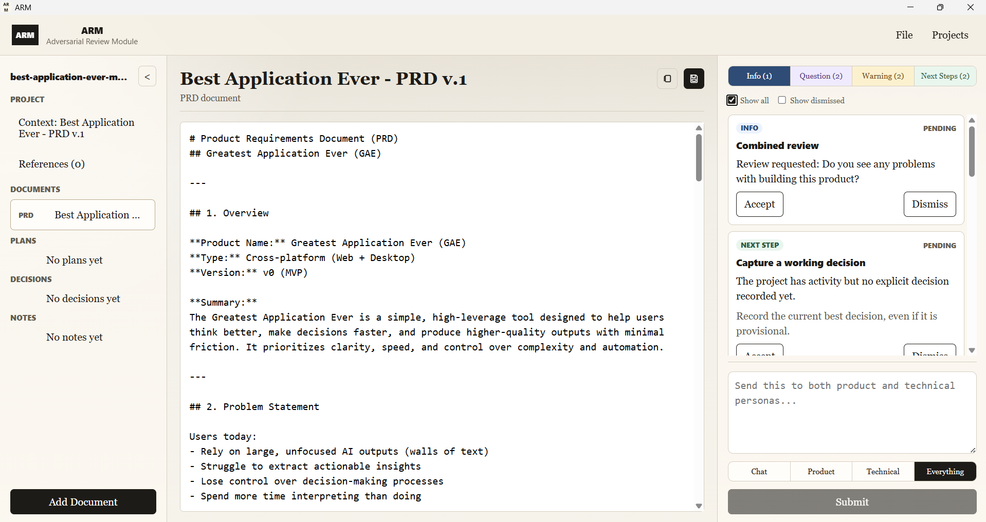 ARM desktop application showing a product document review workspace